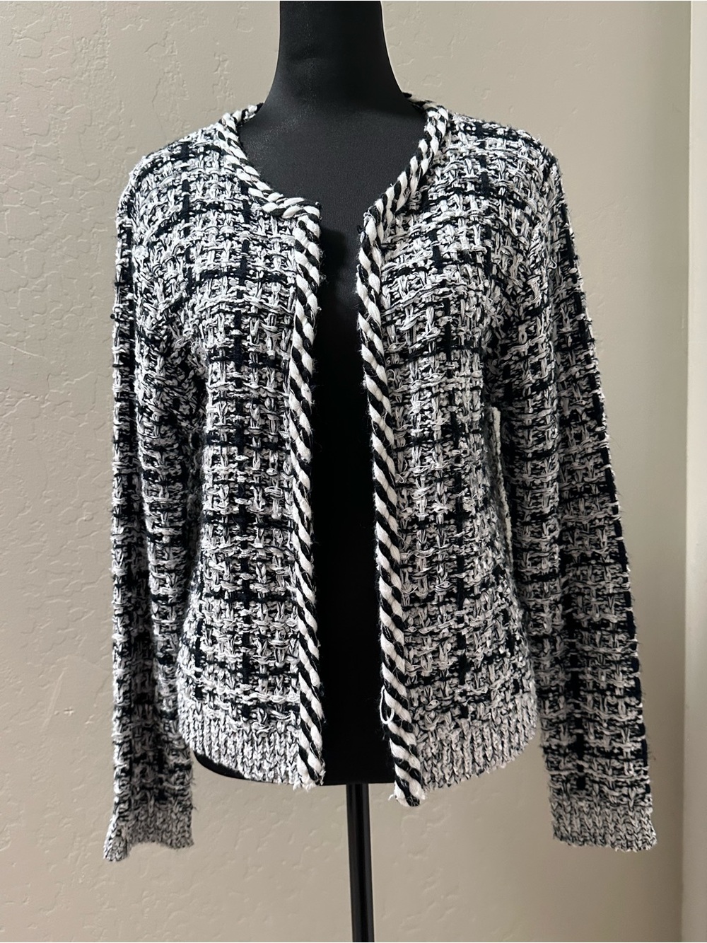 Mango Black & White Textured Open-Front Cardigan
